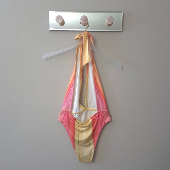 NWT Rococo Sand printed yellow & coral beaded accent halter one piece swimsuit - Picture 4 of 6